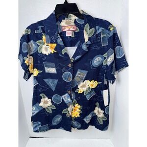 Caribbean Joe Floral Tropical Button Up Short Sleeve Shirt Medium New with Tags‎